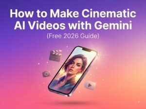 How to make cinematic AI videos with Gemini - free 2026 guide featured image showing smartphone with AI-generated portrait on gradient sunset background