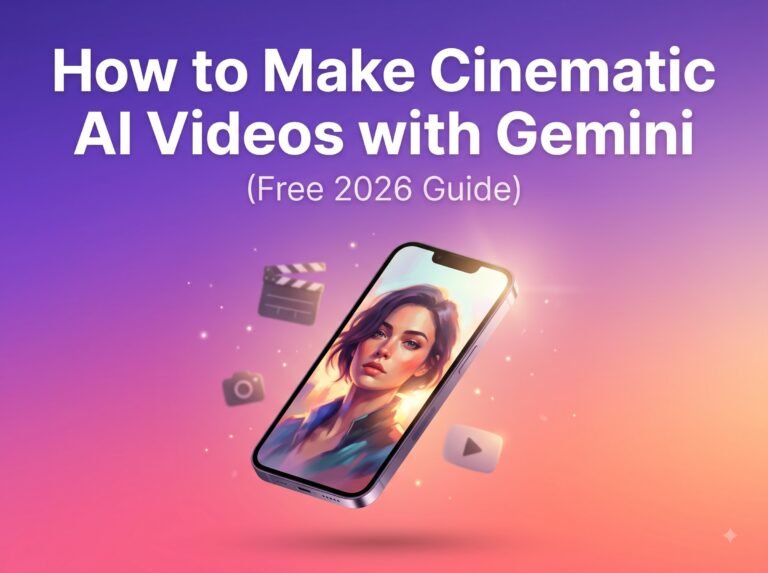 How to make cinematic AI videos with Gemini - free 2026 guide featured image showing smartphone with AI-generated portrait on gradient sunset background